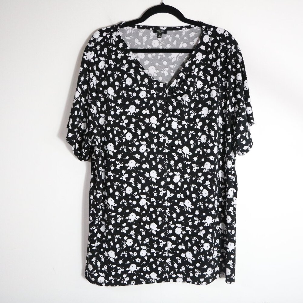 Talbots 3X Women Floral Jersey Knit Blouse Top Black White Short Sleeve Pullover